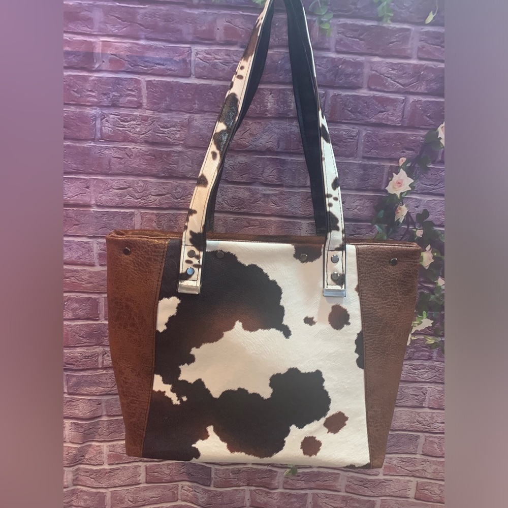 Faux cow skin and faux leather handmade boutique bought largeTote bag